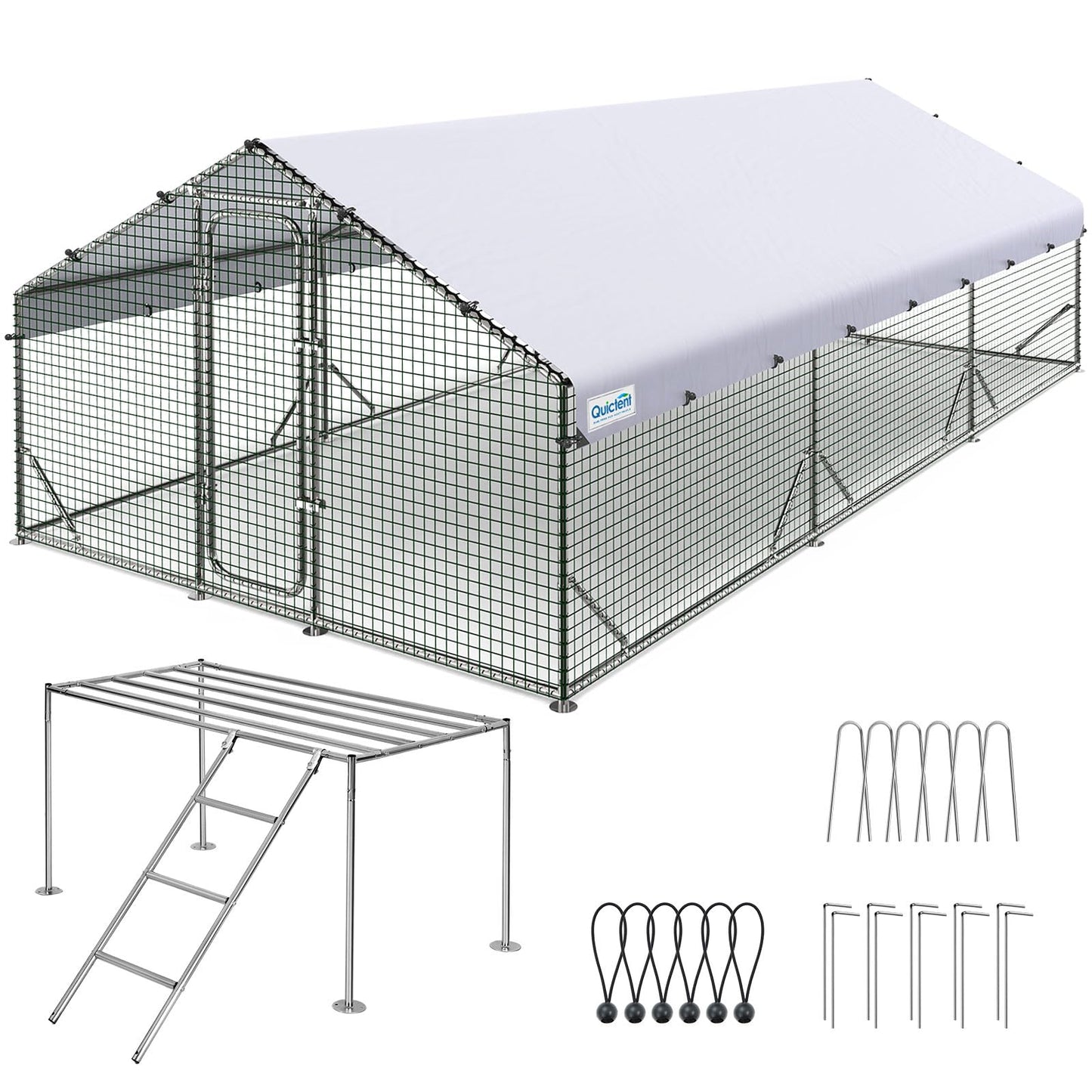 Quictent Large Metal Chicken Coop Run W/Roosting Perch for 30+ Poultry with Galvanized Hardware Cloth and Waterproof Roof Cover, Outdoor Walk-in Cage Peak Hen House for Yard Farm, 18x9x6.6FT - WoodArtSupply