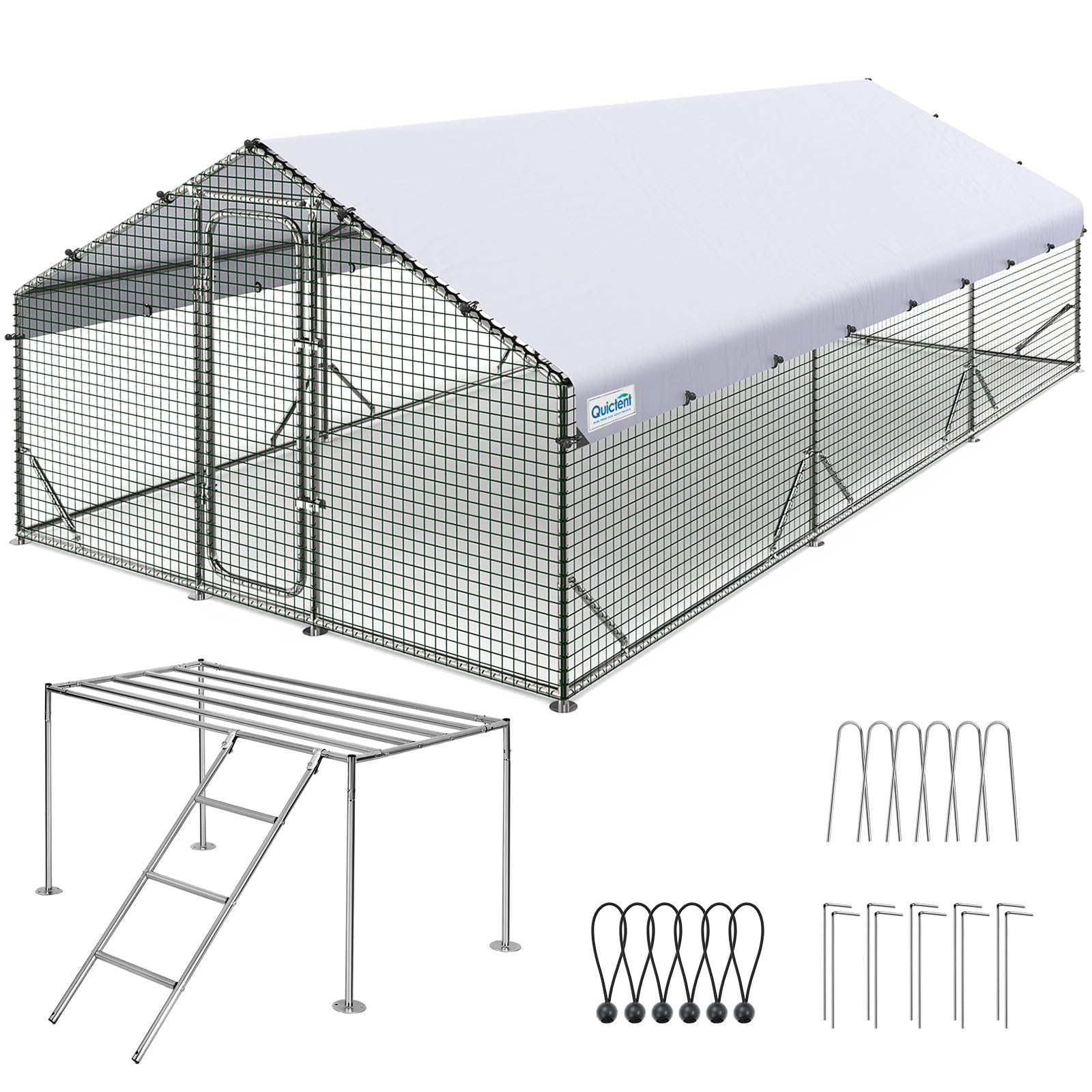 Quictent Large Metal Chicken Coop Run W/Roosting Perch for 30+ Poultry with Galvanized Hardware Cloth and Waterproof Roof Cover, Outdoor Walk-in Cage Peak Hen House for Yard Farm, 18x9x6.6FT - WoodArtSupply