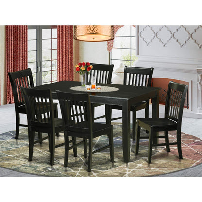 East West Furniture DUNO7-BLK-W 7-Piece Kitchen Table Chairs Set - a Rectangular Modern Kitchen Table - 6 Wood Dining Chairs with Solid Wood Seat & Slatted Back - Black Finish - WoodArtSupply