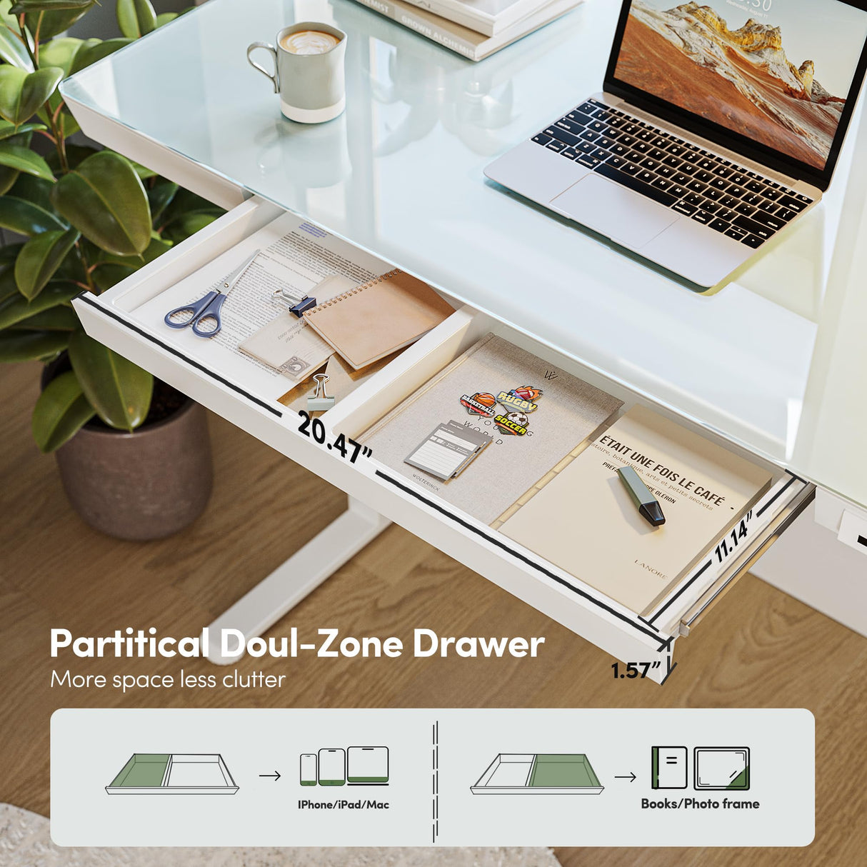 BANTI Electric Standing Desk with Drawers, 48 inch Whole-Piece Glass Desktop, Height Adjustable Stand up Sit Stand Home Office Ergonomic Workstation, White Tabletop BANTI