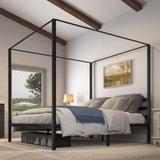 YITAHOME Metal Four Poster Canopy Bed Frame 14 Inch Platform with Built-in Headboard Strong Metal Slat Mattress Support, No Box Spring Needed, Black, King Size YITAHOME