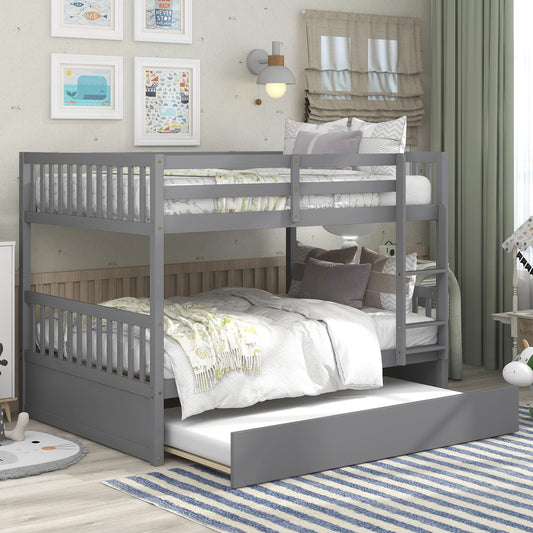 UOCFYK Full Over Full Wood Bunk Bed with Trundle for Kids Boys Girls,Solid Wood Bedframe w/Ladder & Safety Guardrails, Convertible into Twin Size Beds,No Box Spring Needed, Grey