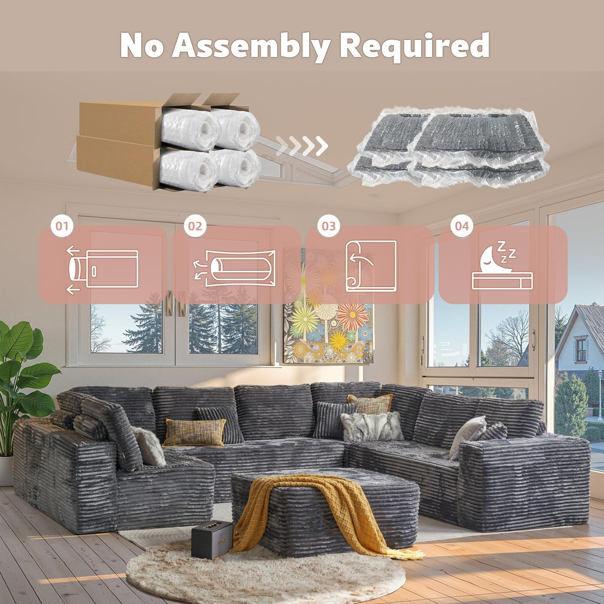 CAODOC 135" Cloud Sectional Couch for Living Room, Modular Floor Sofa with Plush Corduroy, No Assembly Required, Plush Corduroy Couches with Deep Seat Chaise Lounge, Gray CAODOC