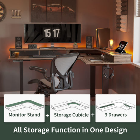 FEZIBO Triple Motor 63" L Shaped Standing Desk with 3 Drawers, Electric Gaming Desk Adjustable Height, Corner Stand up Desk with Splice Board, Black Frame/Black Walnut Top FEZIBO