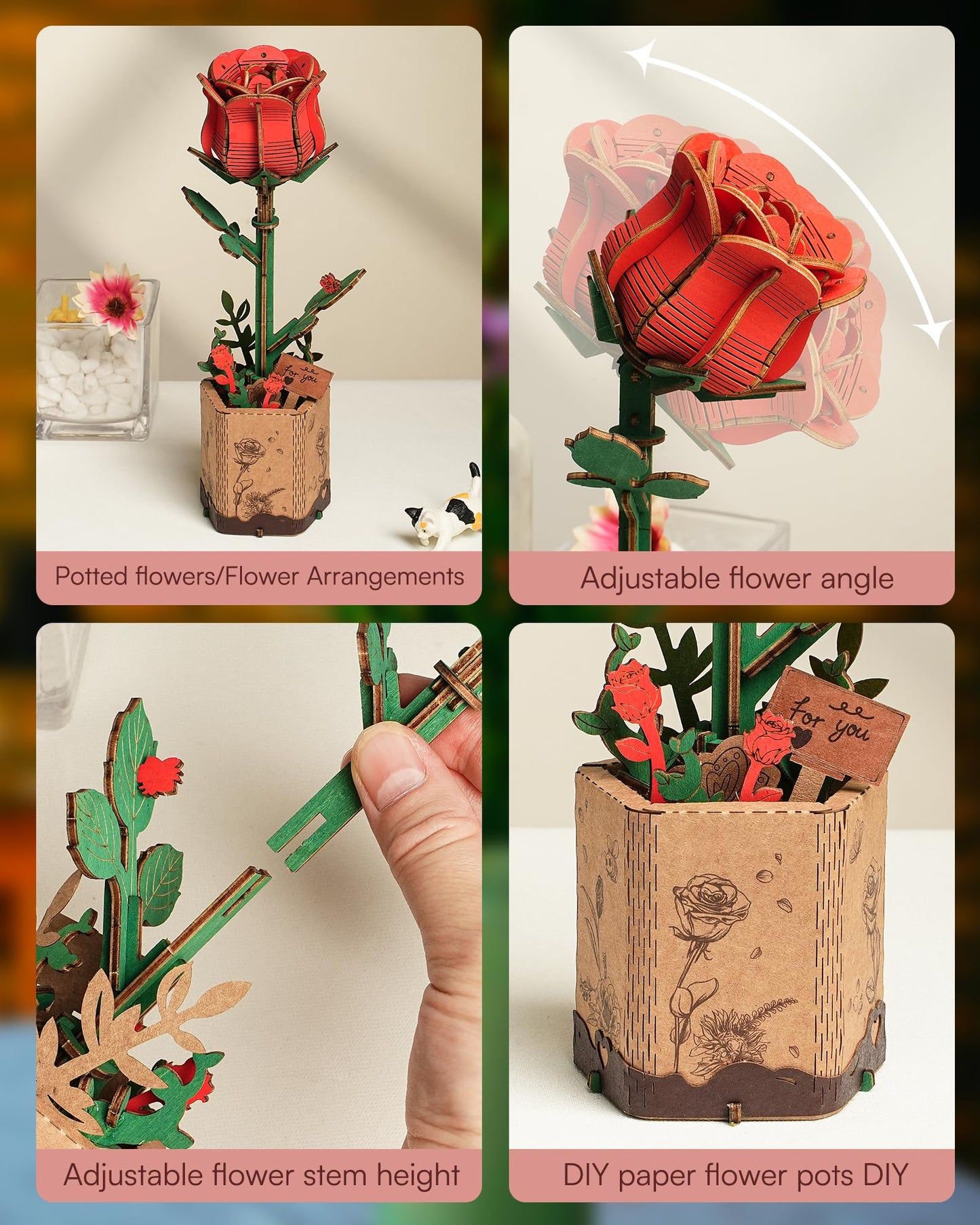 ROBOTIME 3D Puzzle Wooden Flower Red Rose DIY Model Kit to Build for Adults Artifical Bouquet Collection Craft Brain Teaser Puzzle Creative Gift Home Decor - WoodArtSupply