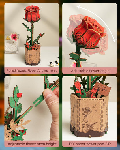 ROBOTIME 3D Puzzle Wooden Flower Red Rose DIY Model Kit to Build for Adults Artifical Bouquet Collection Craft Brain Teaser Puzzle Creative Gift Home Decor - WoodArtSupply