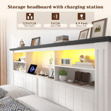 EnHomee Full Size Bed Frame with Headboard and Storage, 4 Drawers & LED & USB Full Bed Frame with Storage Farmhouse, Built in Charging Station,NO Noise,No Box Spring Needed,White EnHomee