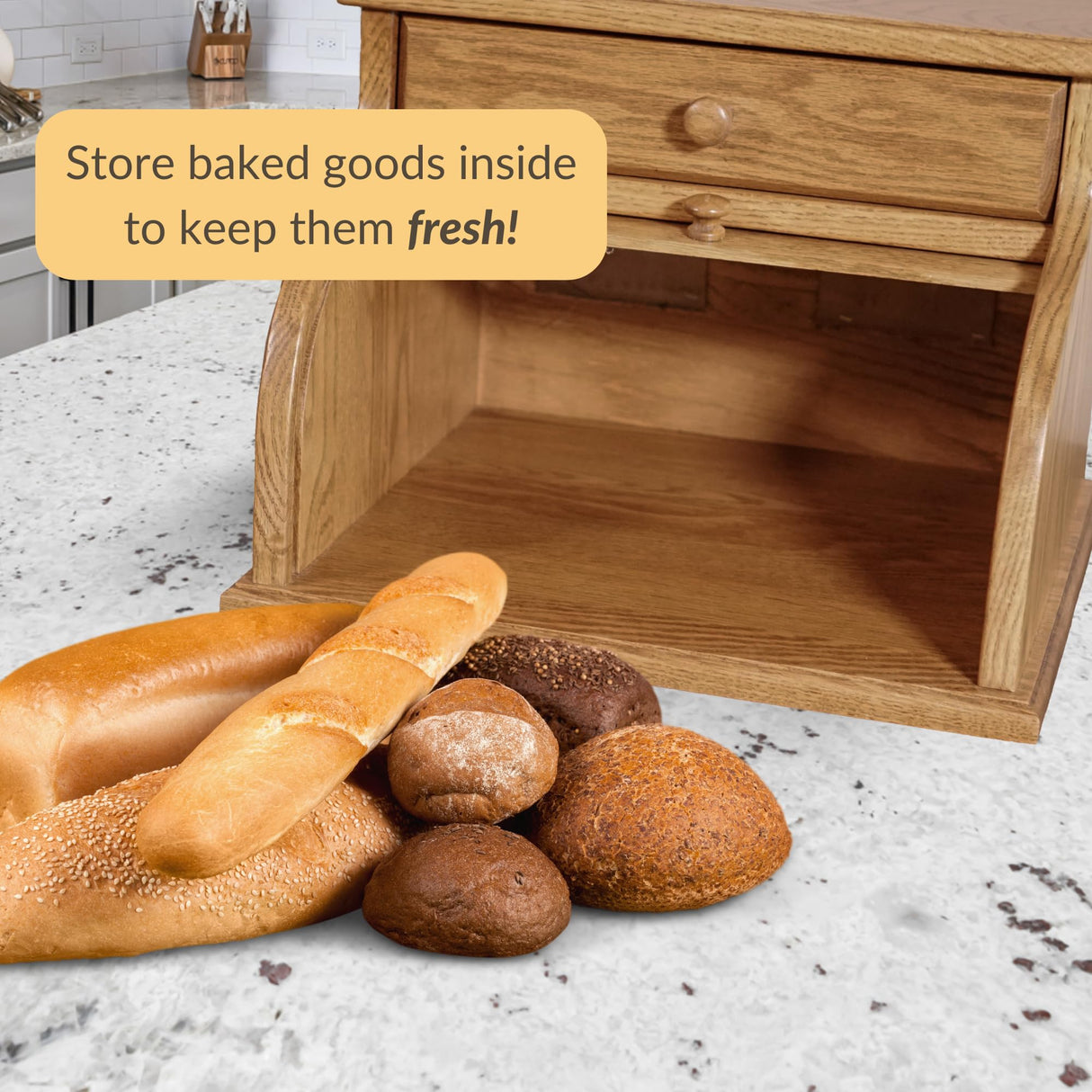 DutchCrafters Amish USA Made Solid Wood Countertop Bread Box with Drawer, Bread Holder for Kitchen Counter, Large Bread Box for Kitchen Countertop (Oak - Medium Walnut) DutchCrafters