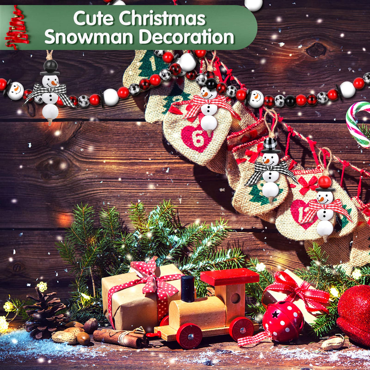 200 Pieces Christmas Wooden Beads for Craft Christmas Buffalo Plaid Round Craft Beads Farmhouse Loose Polished Spacer Beads Winter Snowman Beads with Twine Scarf Wood Beads for DIY Jewelry Décor Lucomb