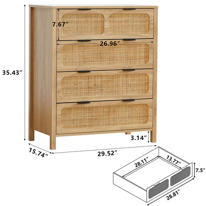 LEVNARY 4 Drawer Dresser for Bedroom, Rattan Dresser Drawers Storage Cane Cabinet, Wooden Chest of Drawers for Bedroom, Entryway, Living Room (1, Natural) - WoodArtSupply