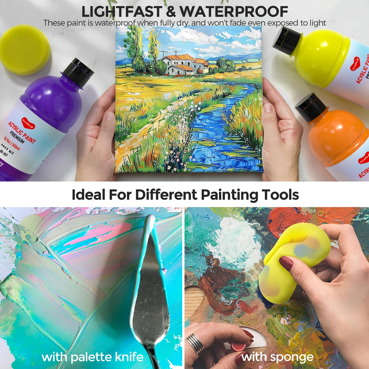 Smallbudi 15 Colors Large Acrylic Paint Set (16.9 oz,500 ml), Bulk Acrylic Paint Non-Toxic Art Painting Supplies on Multi Surface Canvas Wood Craft Fabric Rock for Artist Beginner with Color Wheel Smallbudi