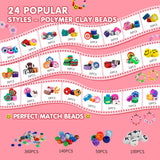 Gionlion 1000PCS Polymer Clay Beads Bracelet Making kit, 24 Style Cute Fun Fruit Flower Rainbow Butterfly Animal Heart Star Beads Charms for Jewelry Necklace Making Gift for Girls Kids Gionlion