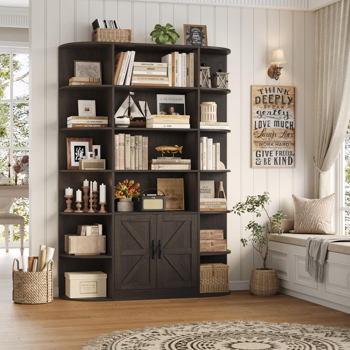 HOSTACK 75" Tall Book Shelf and Bookcase, 6 Tier Bookshelf with Storage, 47" Wide Bookcase with Doors, Freestanding Wood Display Shelves with Book Storage Cabinet for Home Office, Dark Brown HOSTACK