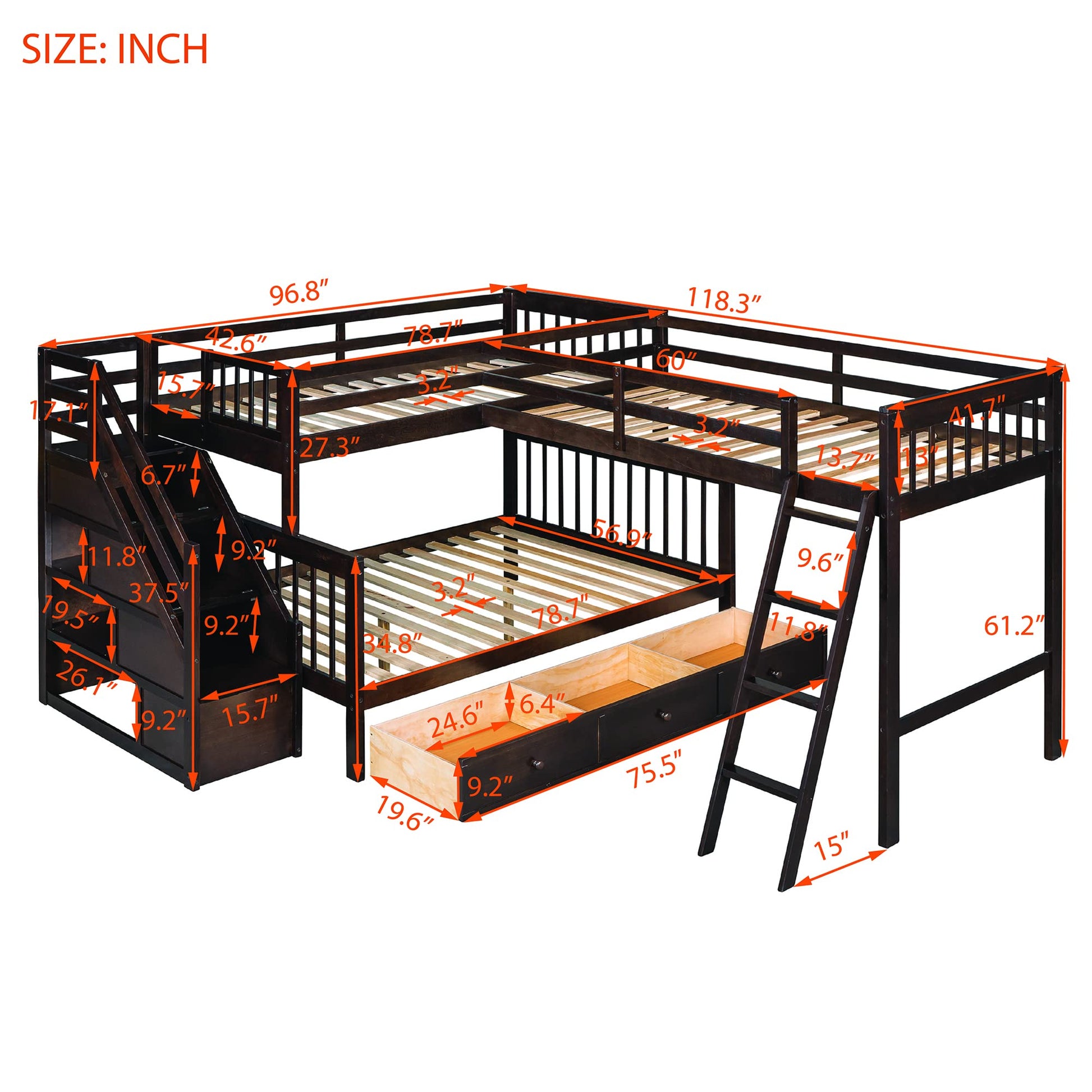 Espresso L Shaped Triple Bunk Bed with Stairs & Storage for Kids, Teens, and Adults - Twin Over Full Design - WoodArtSupply