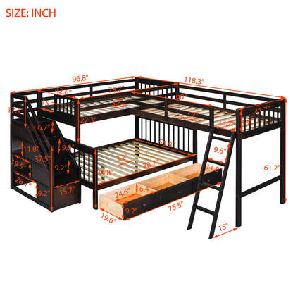 Espresso L Shaped Triple Bunk Bed with Stairs & Storage for Kids, Teens, and Adults - Twin Over Full Design - WoodArtSupply