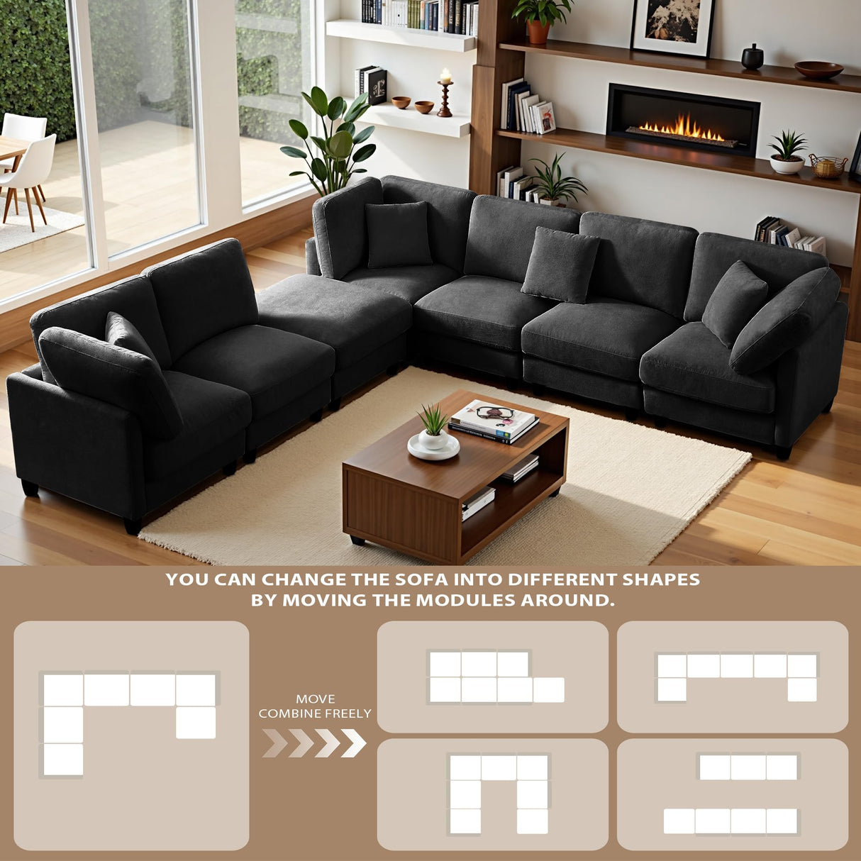 117" Modular Sectional Sofa,U-Shaped Chenille Sofa Couch with Movable Ottoman,Modern 7 Seat Cloud Sectional Couches for Living Room Office Home (Black, 117" U-7 Seater) Anwick