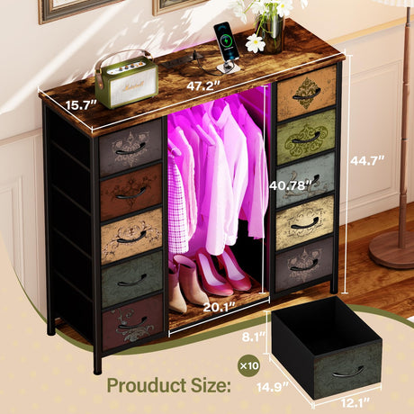 VASICAR 10 Drawers Dresser for Bedroom with Hanging Rack, Wood Top Chest of Drawers with Charging Station LED Lights, Colorful Clothes Organizer Storage Drawer Units for Closets, Nursery VASICAR