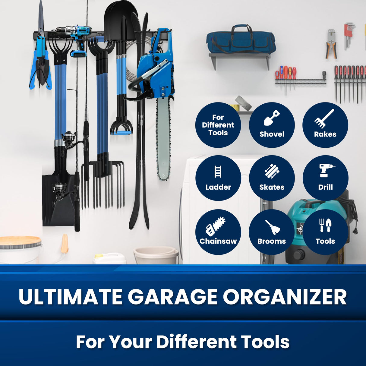 SUKIZZ 64'' All-Metal Garage Tool Organizer Wall Mount – Heavy-Duty Tool Rack Holds 680 lbs, Adjustable Hooks for Garage, Yard, and Garden Equipment SUKIZZ