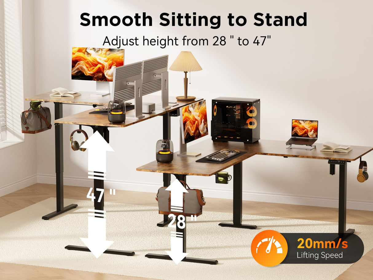 WALKINGDESK 63X55 Inches Reversible L Shaped Standing Desk Height Adjustable with Cup Holder, Electric Corner Computer Desk, Sit Stand up Home Office Desk, Ergonomic Gaming Desk, Rustic Brown WALKINGDESK