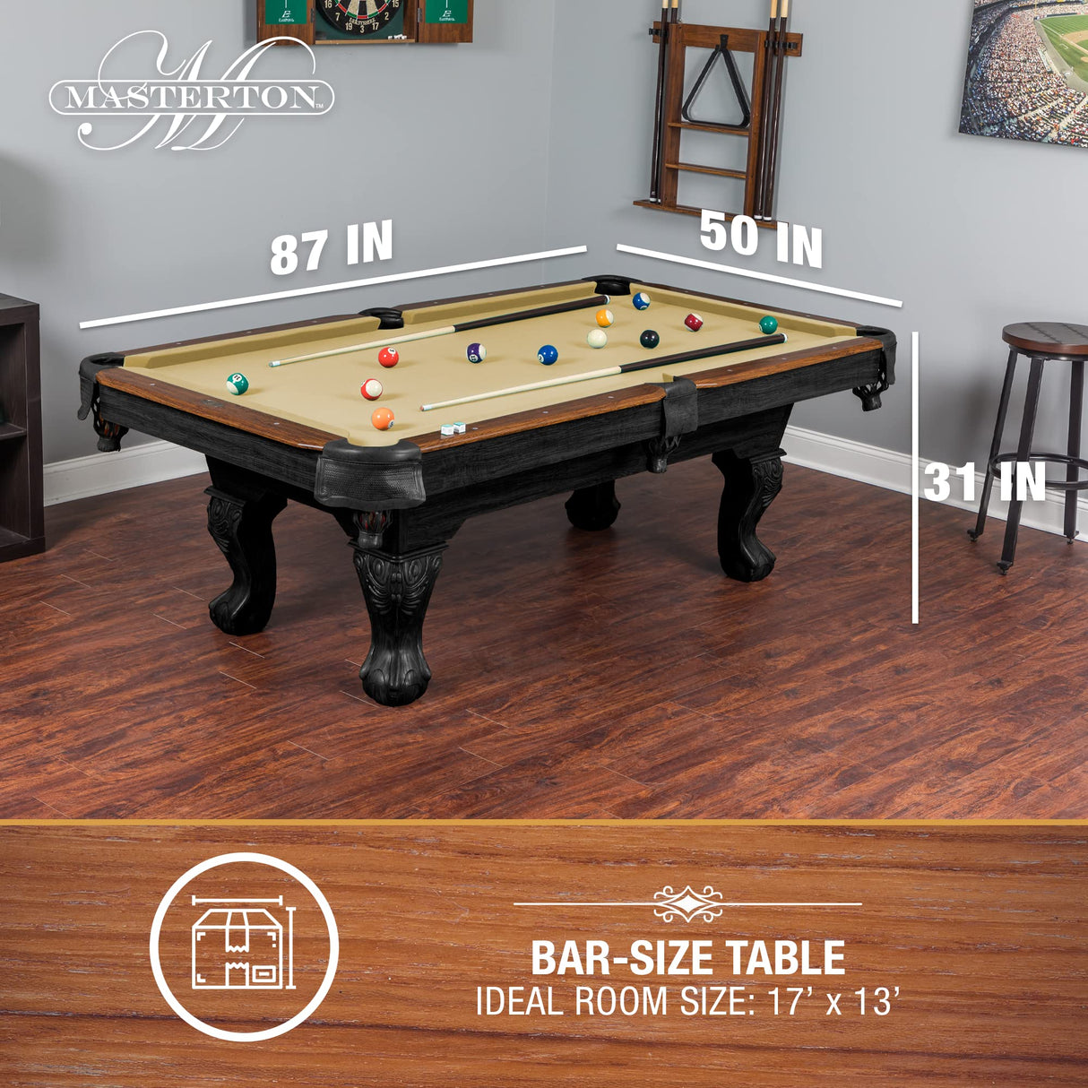 EastPoint Sports Masterton 87-Inch Pool Table - 8 Ball Pool Game Table for Billiards Indoor Games in Rec Room, Basement & Family Game Room - Available in Tan, Red, Green and Navy Felt Colors EastPoint Sports