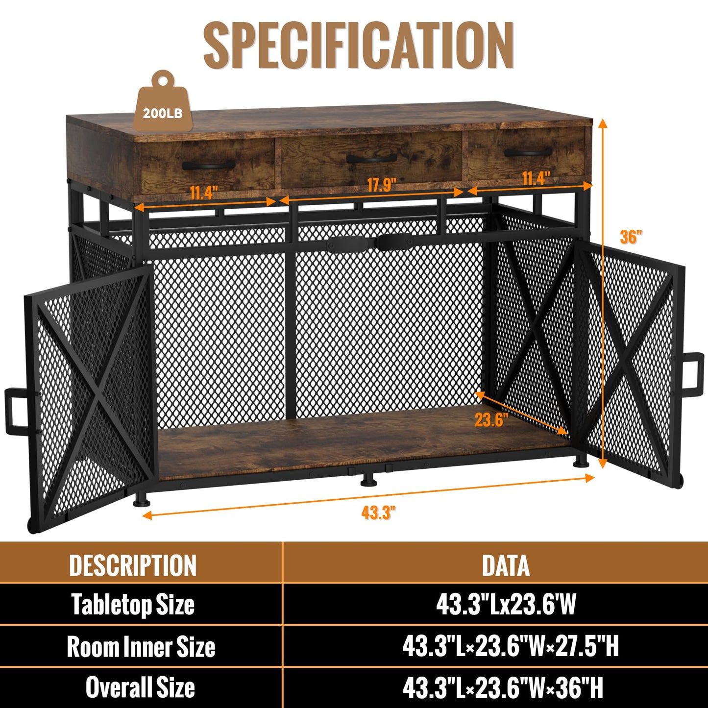 Dog Crate Furniture, 43.3inch Heavy Duty Dog Kennel with 3 Fabric Drawers and Storage, Dog Crate Side End Table for Entryway, Indoor Furniture-Style Dog House Cage for Large Medium Small Dogs, Brown