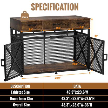 Dog Crate Furniture, 43.3inch Heavy Duty Dog Kennel with 3 Fabric Drawers and Storage, Dog Crate Side End Table for Entryway, Indoor Furniture-Style Dog House Cage for Large Medium Small Dogs, Brown