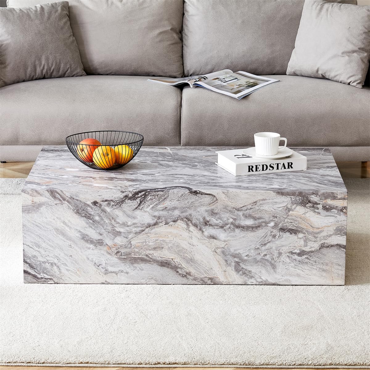 Coffee Table Living Room Table - Modern Faux Marble Design with Wood Accents in Grey BAOPIN