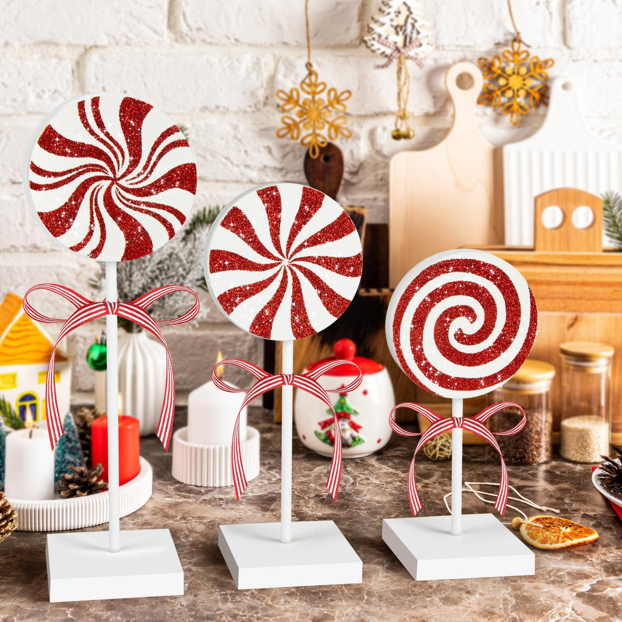 3 Pieces Christmas Table Decorations Wood Candy Set, Red Christmas Tiered Tray Decor,Rustic Christmas Candy Table Decorations for Home Tables(Cute) Sereliy