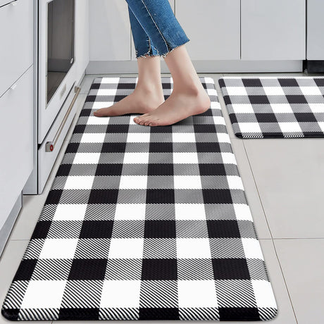 MAYHMYO 2 PCS Anti Fatigue Rugs Non Skid Waterproof Floor Mat Cushioned Black and White Farmhouse Comfort Standing Kitchen Mats for Floor, House, Sink, Office MAYHMYO