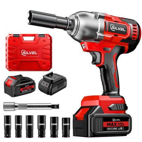 SILVEL Cordless Impact Wrench, MAX 650N.M Brushless Impact Gun 1/2 inch, 4.0Ah Battery, 6 Sockets, 3300RPM Impact Driver wih Fast Charger SILVEL