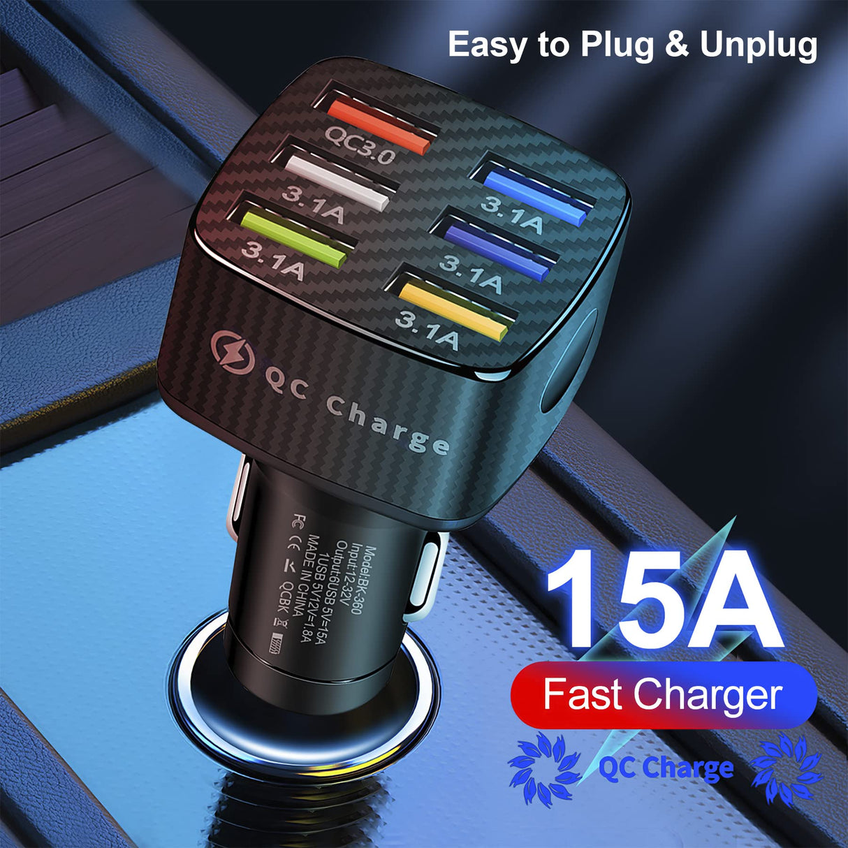 Amiss Car Charger Adapter, 6 USB Multi Port, Fast Charger, Include QC 3.0 and 5 Other Ports, Car Interior Accessories, Fit for iPhone 13/12/11/pro, Samsung Galaxy/Note S10/S9/S8, Android - Black Amiss