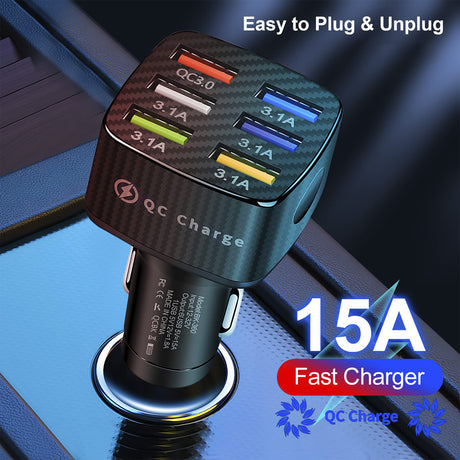 Amiss Car Charger Adapter, 6 USB Multi Port, Fast Charger, Include QC 3.0 and 5 Other Ports, Car Interior Accessories, Fit for iPhone 13/12/11/pro, Samsung Galaxy/Note S10/S9/S8, Android - Black Amiss