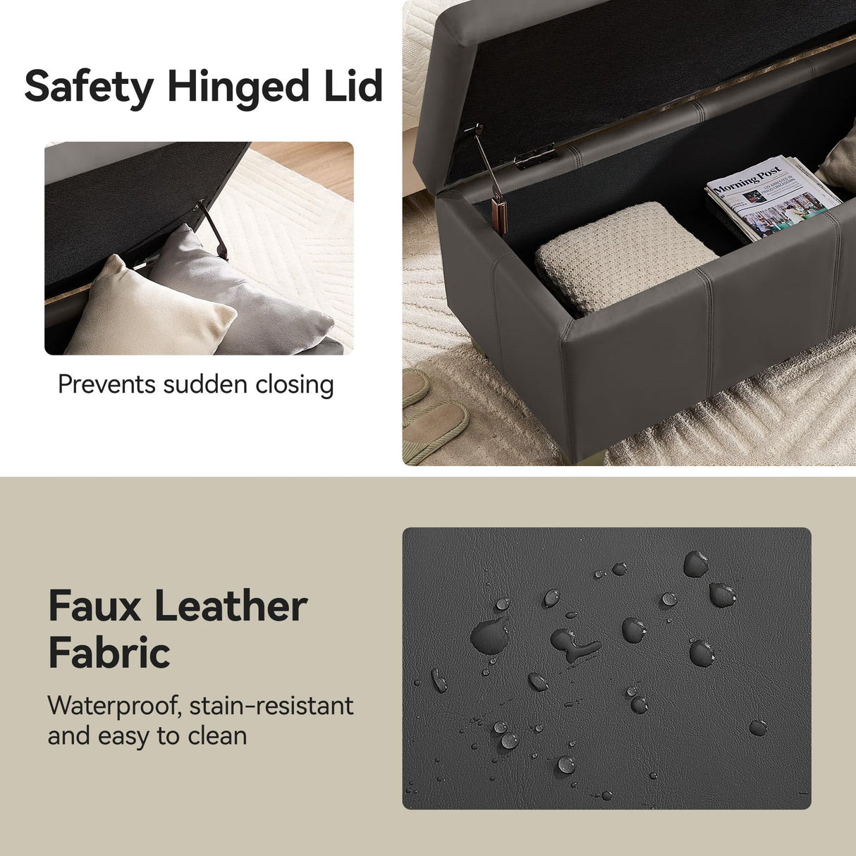 WUTUTUEE 41" Faux Leather Storage Ottoman, Stitch Tufted Rectangle Upholstered End of Bed Storage Bench, Entryway Large Couch Ottoman with Wooden Legs,Dark Grey WUTUTUEE