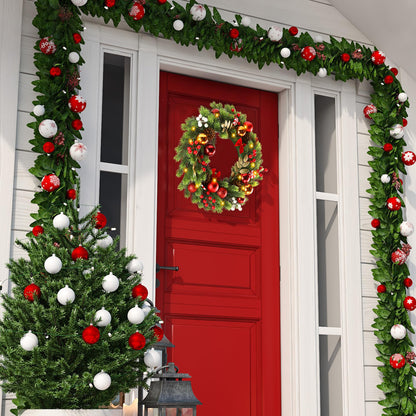 Sggvecsy 17 Inch Artificial Christmas Wreath for Front Door with 20 LED Lights Pine Needles Christmas Balls Red White Berries Pine Cones Bows Decoration for Winter Wall Outdoor Home Holiday Xmas Decor