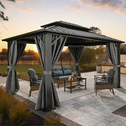 YITAHOME 10x12ft Gazebo Hardtop with Nettings and Curtains, Heavy Duty Double Roof Galvanized Steel Outdoor Combined of Vertical Stripes Roof for Patio, Backyard, Deck, Lawns, Gray - WoodArtSupply