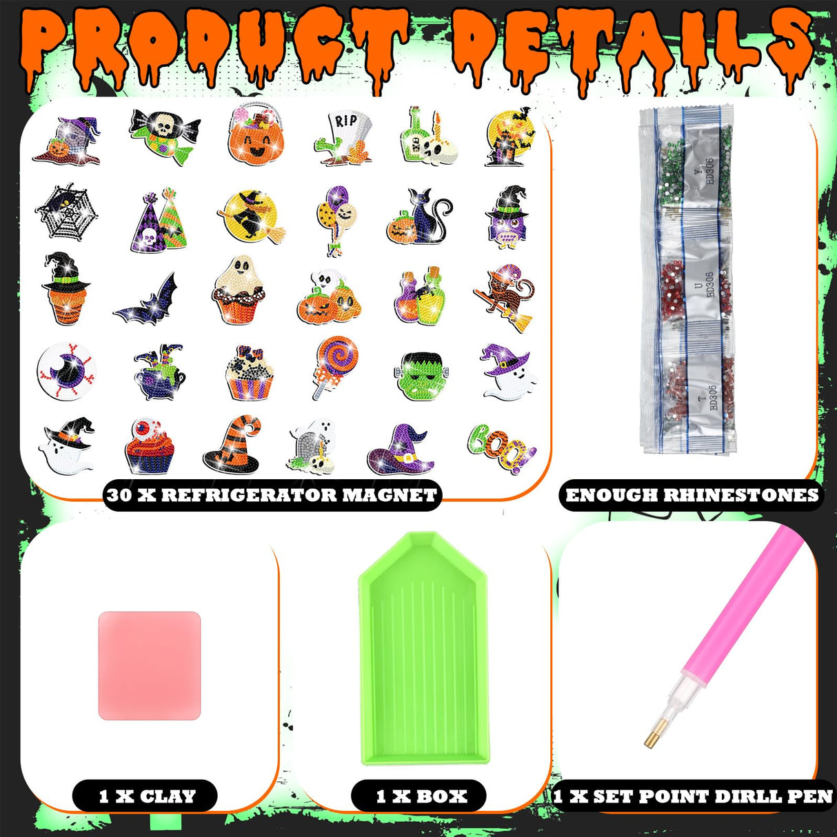 Motipuns 30 Pcs Luminous Halloween Diamond Painting Magnets Kits Glow in The Dark Diamond Art Fridge Magnet Refrigerator Sticker for Beginners Kid Adults Home Decors DIY Art Craft Gifts Motipuns