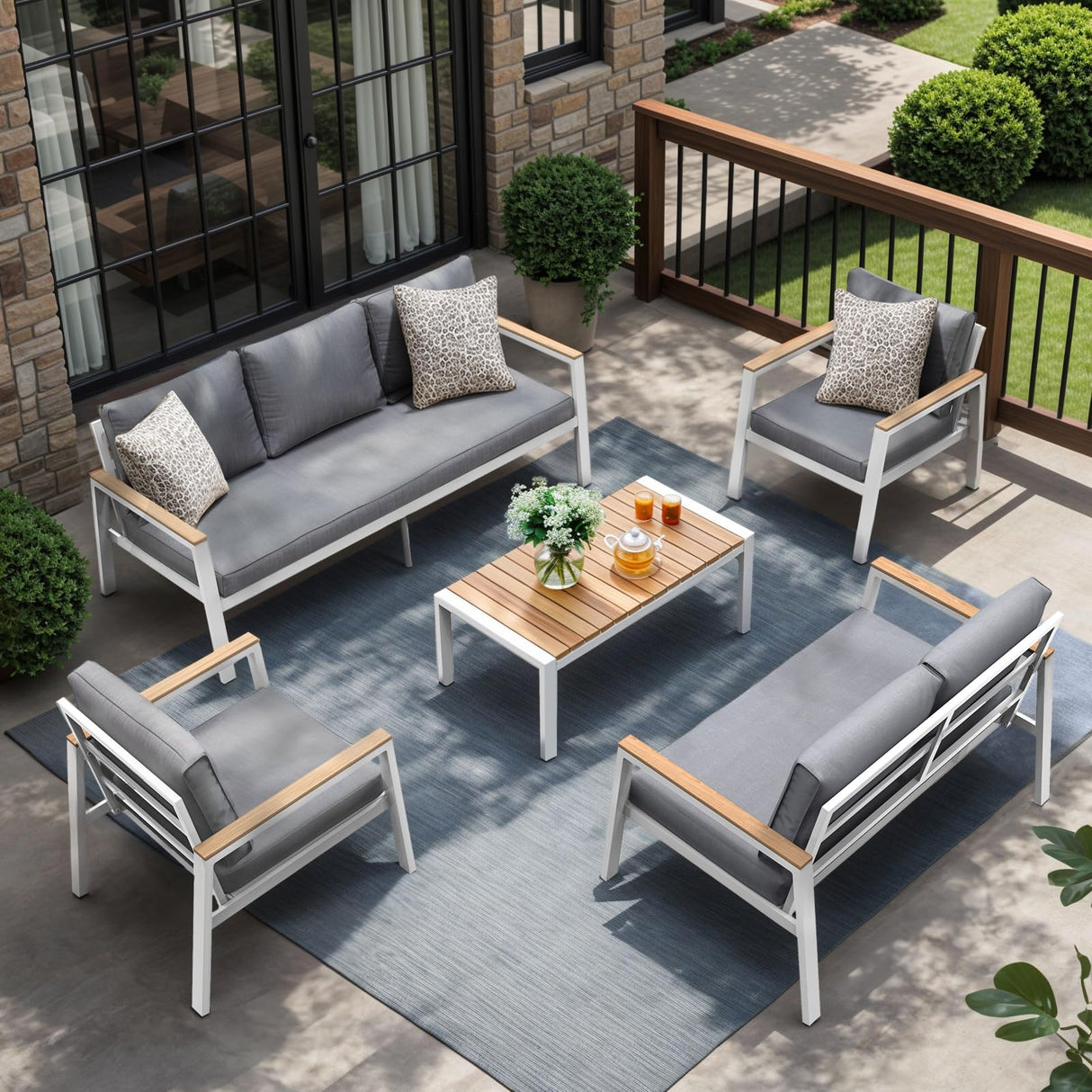 JOIVI Aluminum Patio Furniture Set 5 Pieces Outdoor Conversation Set with Teak Coffee Table & Cushion, Outdoor Patio Furniture Sectional Patio Sofa Outside Furniture for Deck, Backyard, White JOIVI