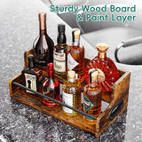 KLM Liquor Bottle Display Shelf, Coffee Syrup Rack Organizer, 2 Step Countertop Liquor Wine Rack, mini bar,Liquor Cabinet, Home Retro Bar Shelf Stand for Liquor Whiskey, Spirits, Brown KLM