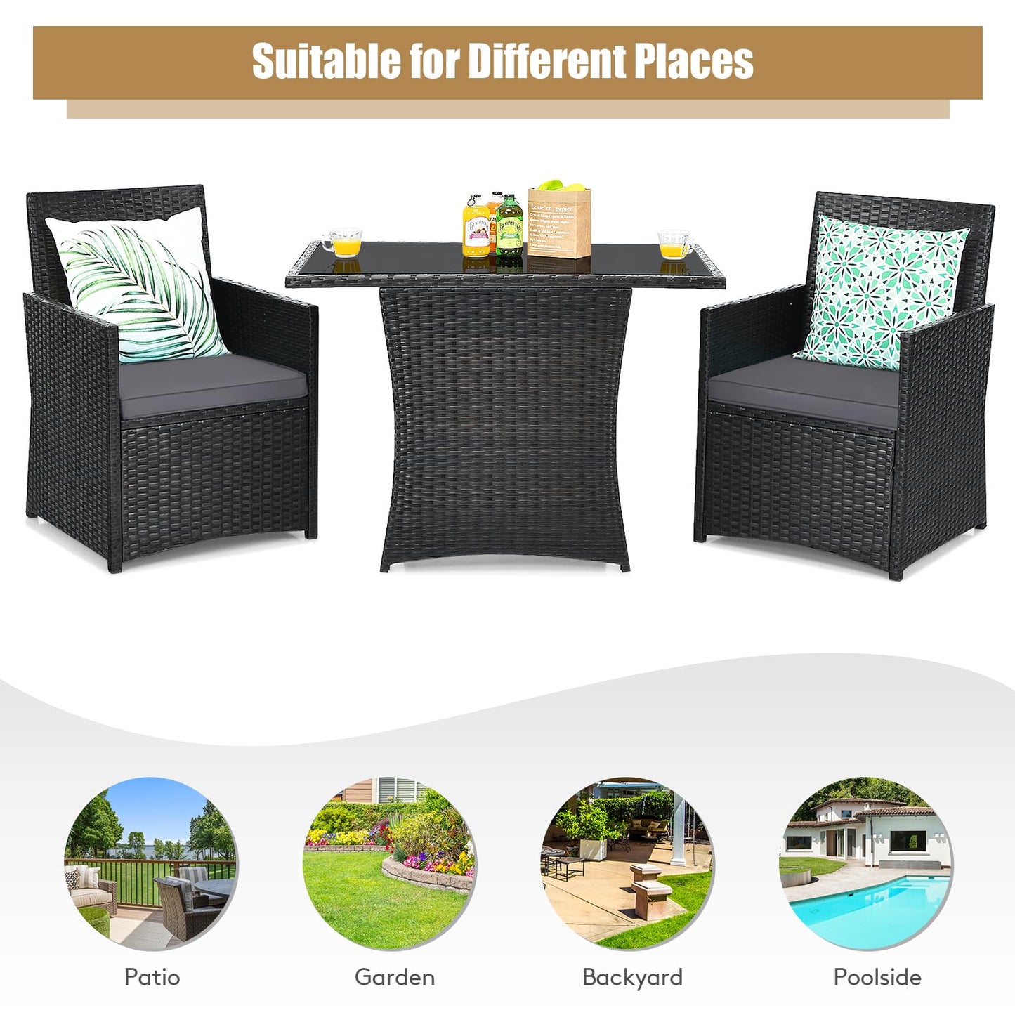 COSTWAY 3PCS Patio Rattan Furniture Set Cushion Sofa Armrest Garden Deck Gray - WoodArtSupply