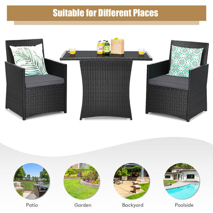 COSTWAY 3PCS Patio Rattan Furniture Set Cushion Sofa Armrest Garden Deck Gray - WoodArtSupply