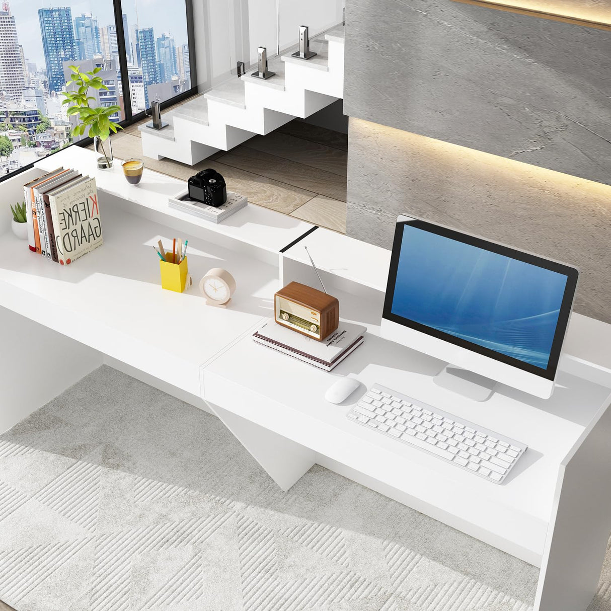 ECACAD Extra Long Reception Desk with Drawers, Modern Pattern, Office Desk Reception Counter Table 2 Person, White (86.6”L x 23.6”D x 39.3”H) ECACAD