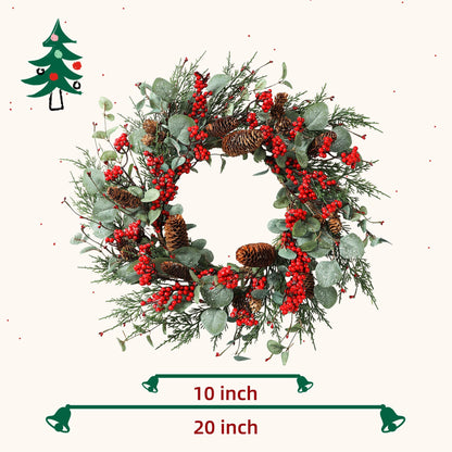 YNYLCHMX 22 Inch Christmas Wreath for Front Door, Winter Wreath with Eucalyptus Leaves Red Berry Pine Cones Pine Needle, Artificial Door Xmas Wreaths for Indoor Farmhouse Holiday Decoration