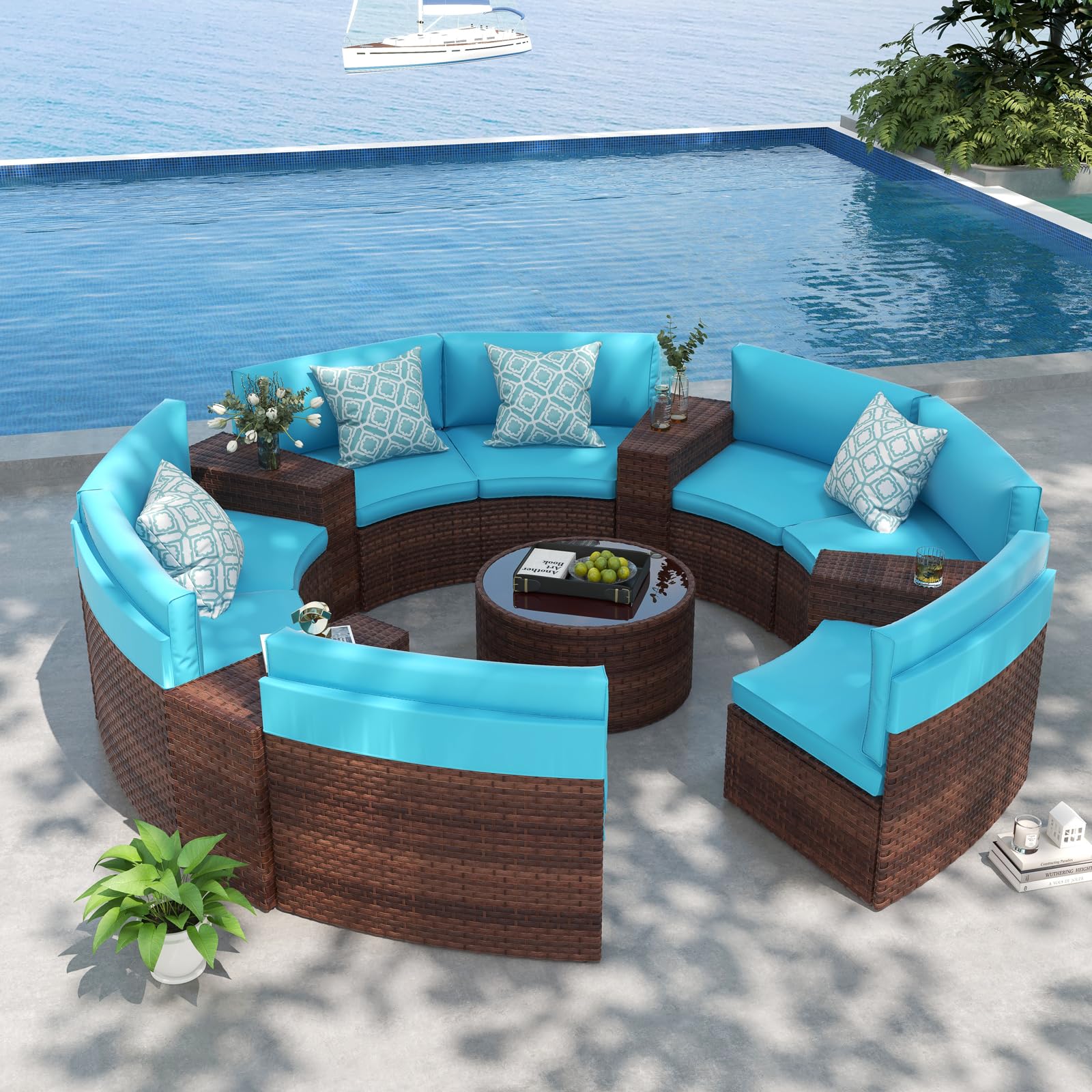 OC Orange-Casual 13 Pieces Sectional Outdoor Furniture, Half-Moon Curved Outdoor Sofa, All-Weather Brown Wicker with Round Coffee Table and Turquoise Cushions (Pillows & Waterproof Cover Incl - WoodArtSupply