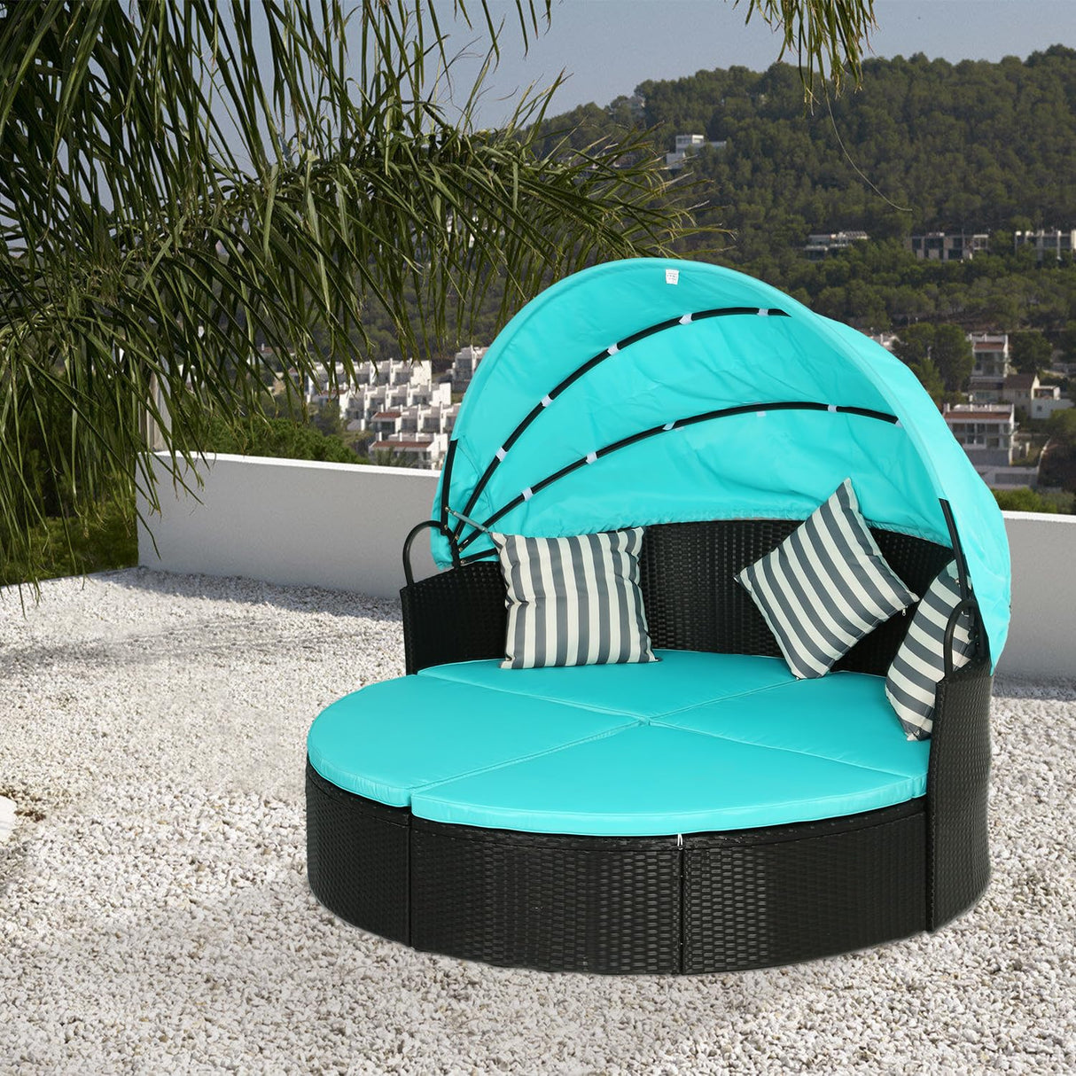PayLessHere Outdoor Round Daybed Wicker Patio Furniture Outdoor Furniture with Retractable Canopy Rattan Separated Seating Sectional Sofa Washable Cushioned and Three Pillow for Patio Backyard (Blue) PayLessHere