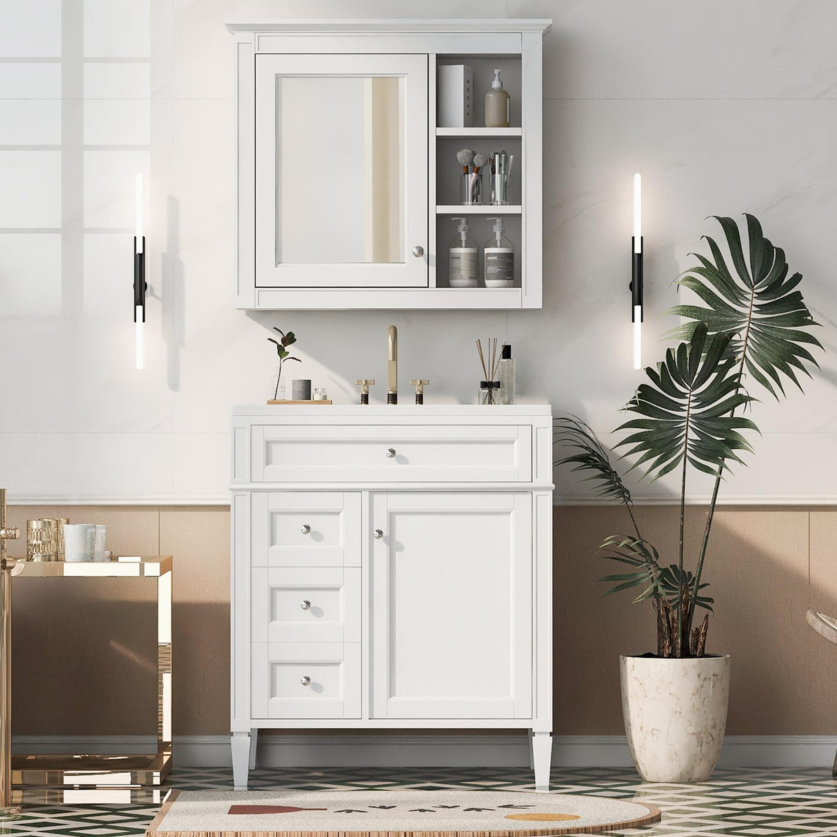 Marzzi 30" Bathroom Vanity Set with Matching Mirror Cabinet, Modern Single Sink Bathroom Vanity with Storage Cabinet, 2 Drawers & Tip-Out Drawer, Medicine Cabinet, Solid Wood Frame Marzzi