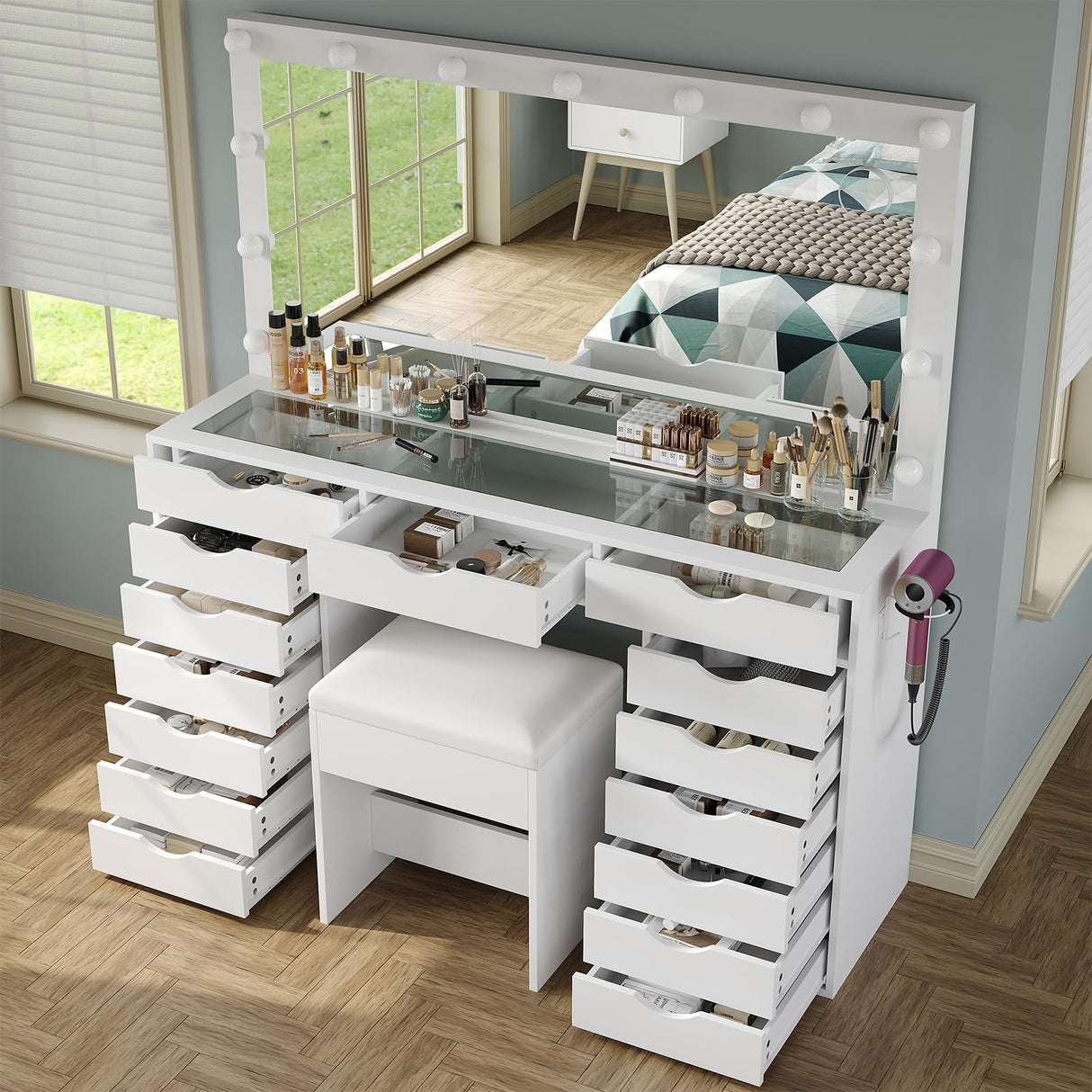Yanosaku Vanity Desk with Mirror and Lights, Makeup Table with Charging Station, 3 Color Lighting Modes, 15 Drawers Dressing Table, Vanity with Chair for Bedroom, White Yanosaku