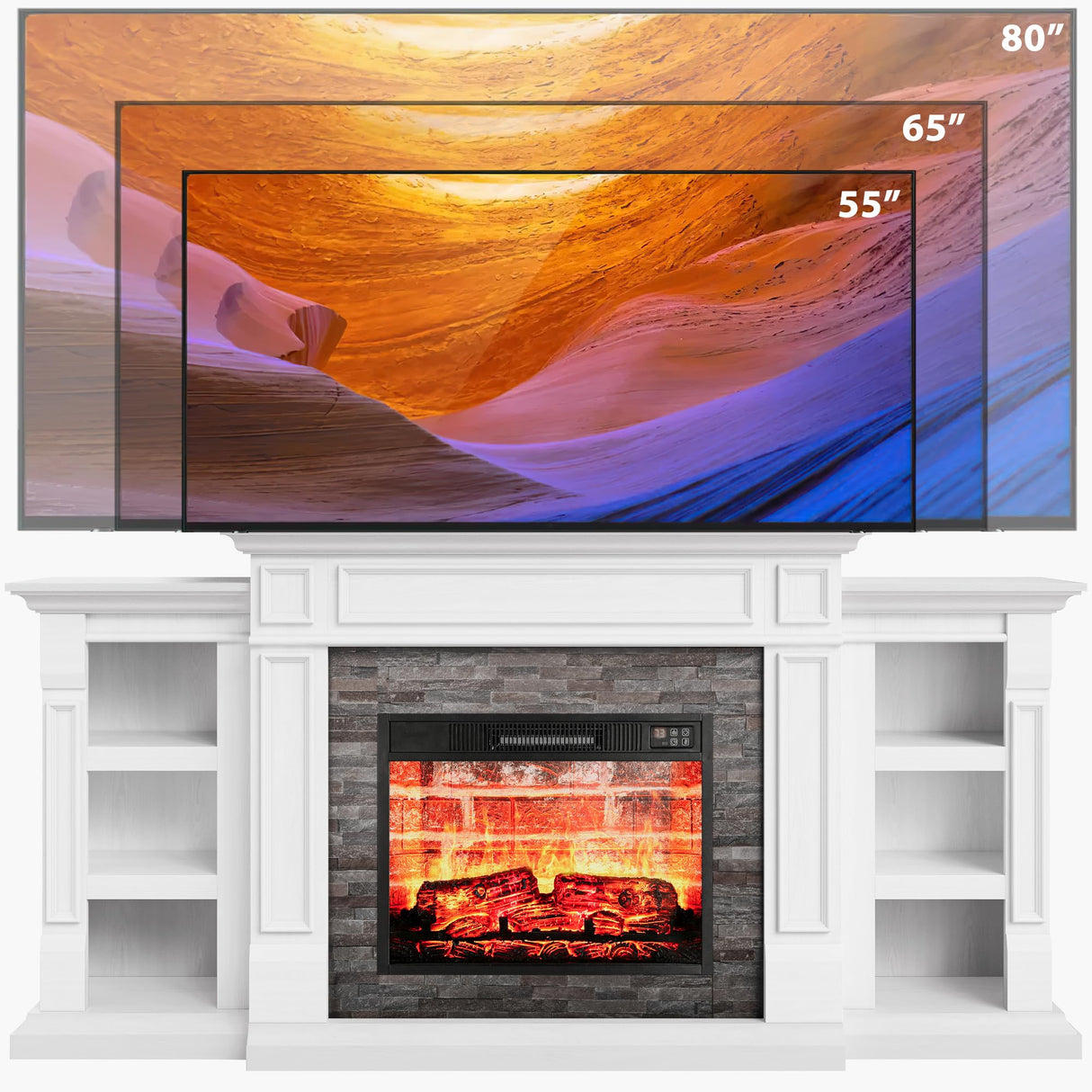 Naice 70" Electric Fireplace with Mantel and Cabinets, Fireplace TV Stand for Living Room Bedroom, Stacked Stone Surround and Remote Control 3D Realistic Flame Naice