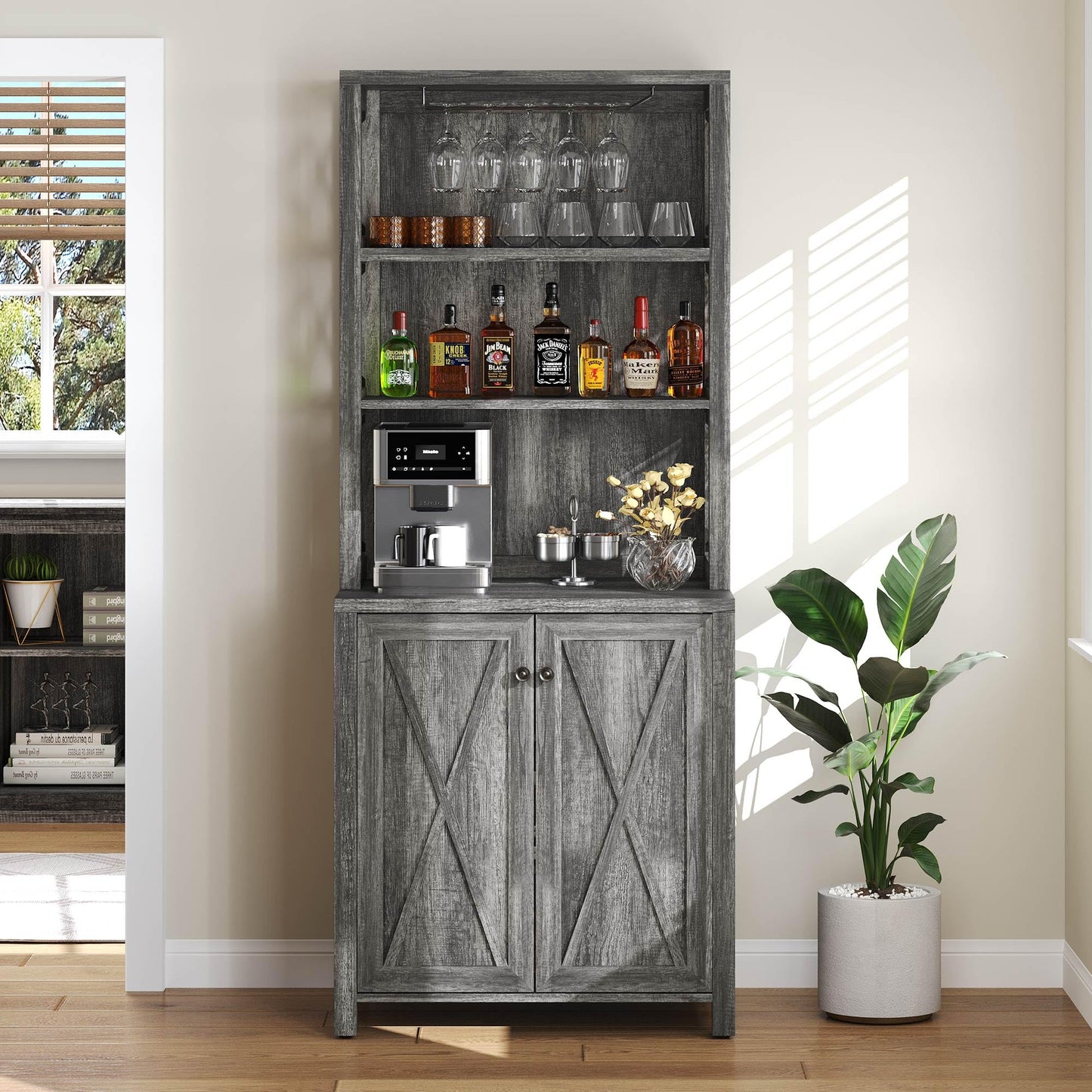 YITAHOME Kitchen Pantry Cabinet Storage Hutch with Microwave Stand Wine Rack, Freestanding Pantry Cabinet with Adjustable Shelves and Cupboard for Home, Dark Grey