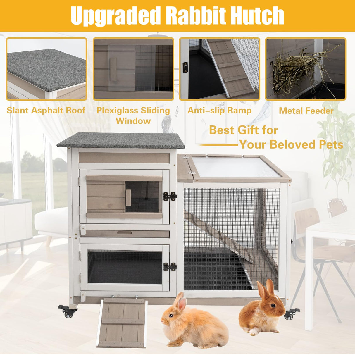 Gowoodhut 40"L Rabbit Hutch Indoor Wooden Large Bunny Hutch Outdoor 2 Story Rabbit Cage on 4 Metal Wheels with Run and 2 Deeper Pull Out Trays UV Panel Guinea Pig Pet House for Small to Medium Animals Gowoodhut