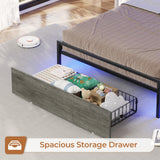 VIAGDO Twin Bed Frame with LED Lights, Upholstered Storage Headboard, Charging Station, and Drawers VIAGDO